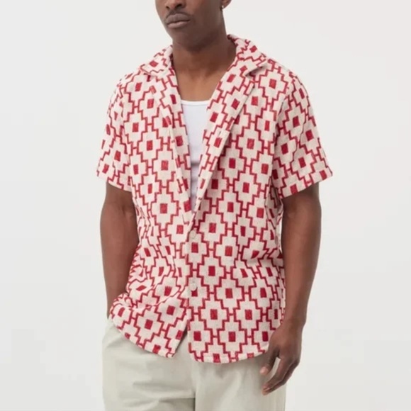 Men's OAS Machu Cuba Red Cream Geometric Terry Cloth Casual Button Front Shirt S - Picture 1 of 14